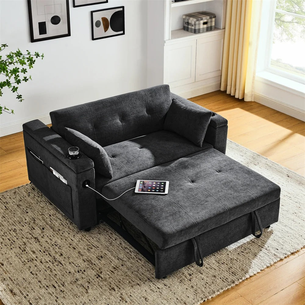 Double Seat Recliner Adjustable Backrest Sleeper Pull Out Sofa Bed With USB Charger For Apart