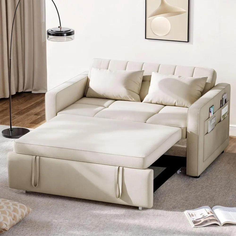 Velvet Futon Couch with Adjustable Backrest and Side Pocket