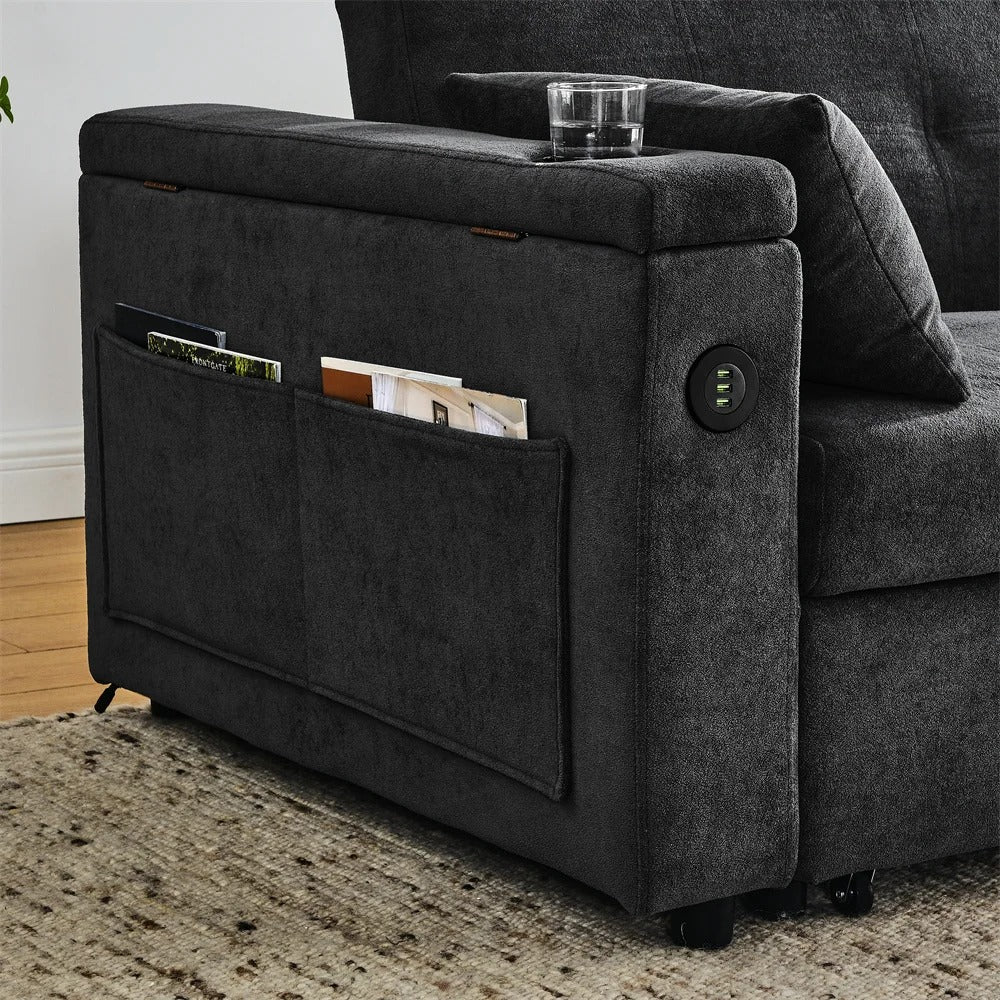 Double Seat Recliner Adjustable Backrest Sleeper Pull Out Sofa Bed With USB Charger For Apart