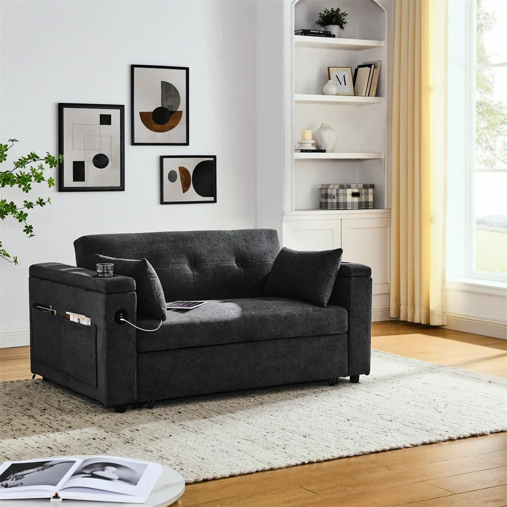 Double Seat Recliner Adjustable Backrest Sleeper Pull Out Sofa Bed With USB Charger For Apart