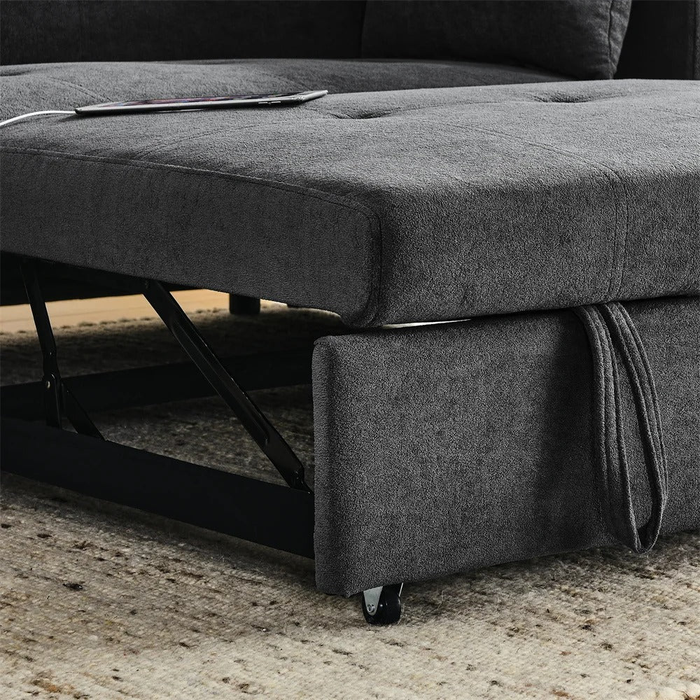 Double Seat Recliner Adjustable Backrest Sleeper Pull Out Sofa Bed With USB Charger For Apart