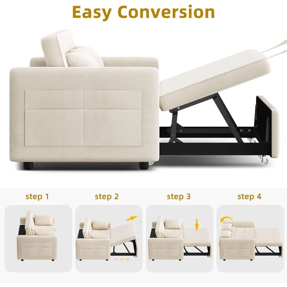 Velvet Futon Couch with Adjustable Backrest and Side Pocket