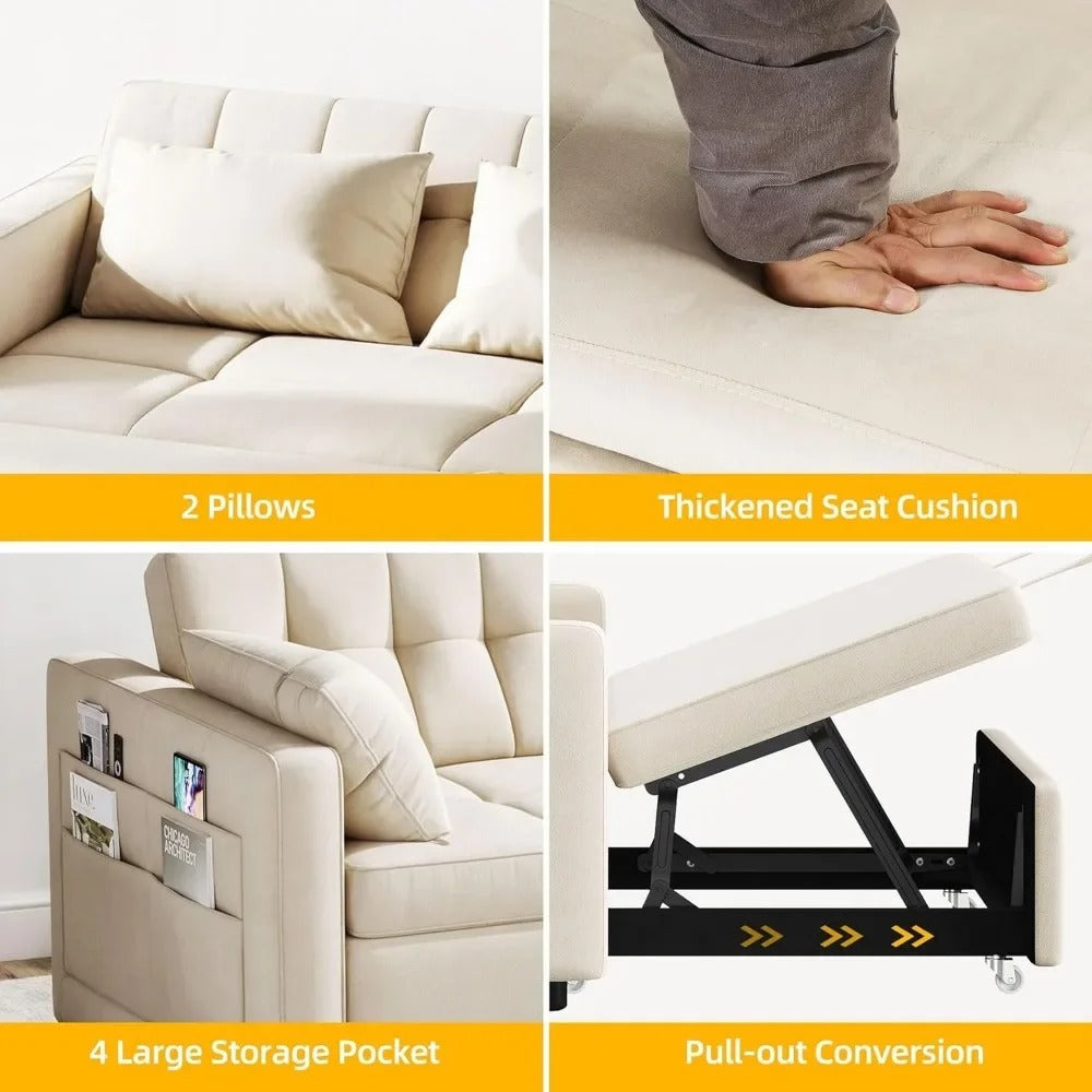 Velvet Futon Couch with Adjustable Backrest and Side Pocket