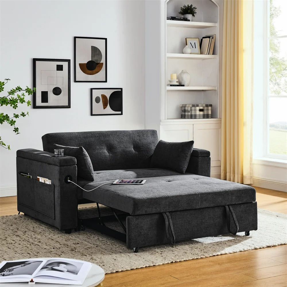 Double Seat Recliner Adjustable Backrest Sleeper Pull Out Sofa Bed With USB Charger For Apart