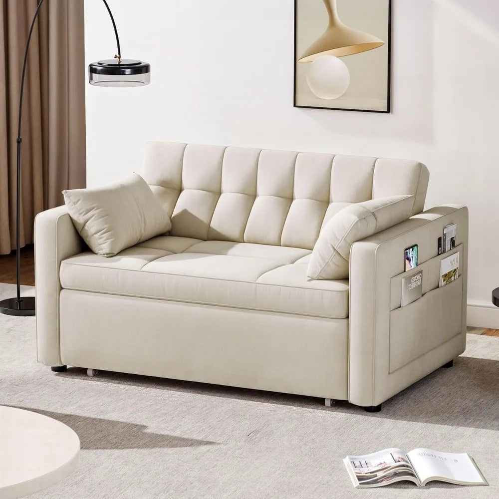 Velvet Futon Couch with Adjustable Backrest and Side Pocket